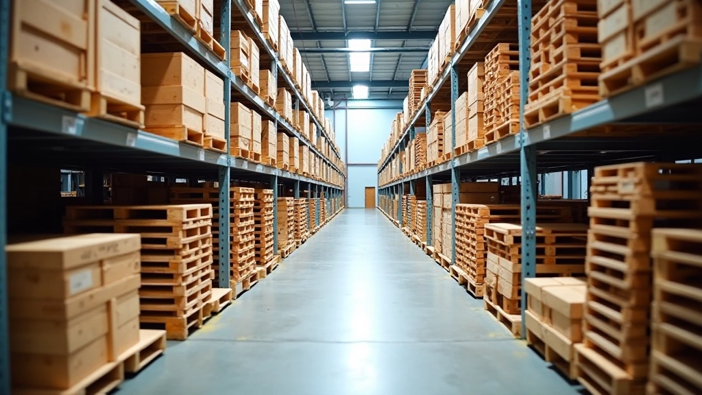 Organized warehouse shelving with wooden pallets stored vertically and horizontal arrangement
