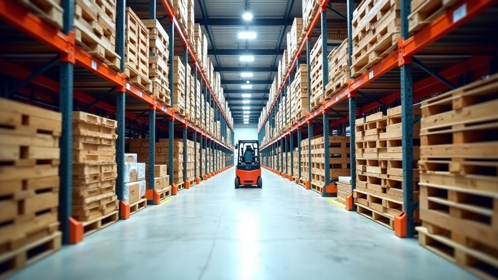Drive-in racking system showing deep lanes with wooden pallets stored in rows accessible by forklift navigation