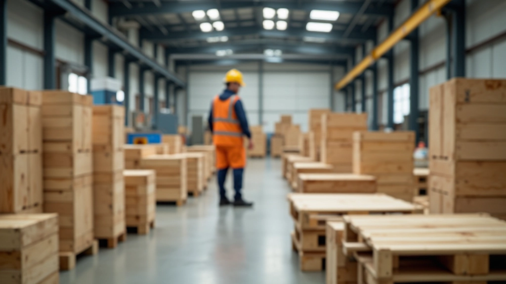 Wooden crates being manufactured in a factory with industrial equipment and workers