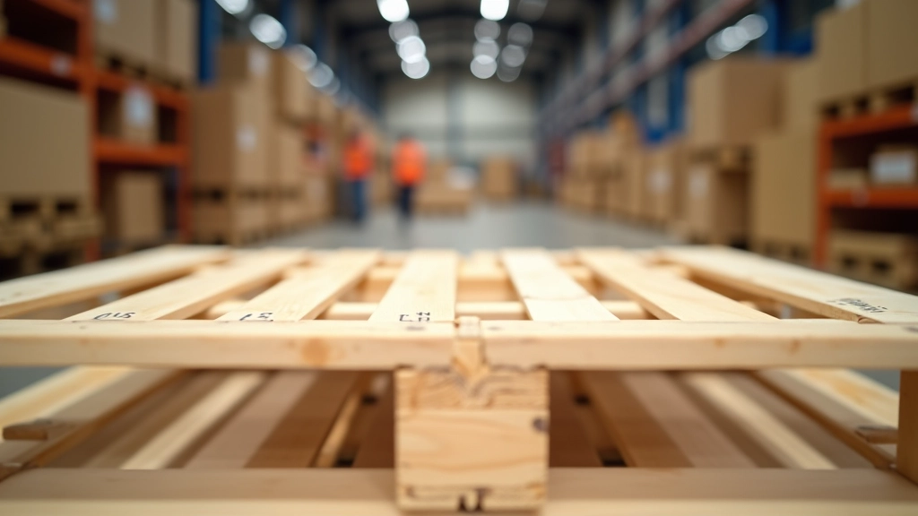 Close-up of heat-treated wooden pallet with HT marking showing construction quality and durability
