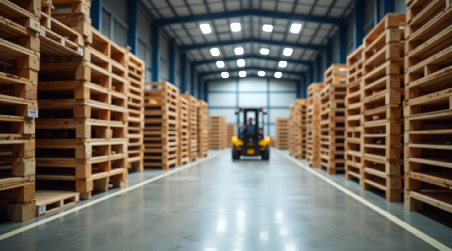 Large wooden pallets stacked in a modern warehouse with industrial lighting and concrete floor