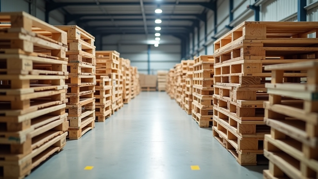Mixed wooden pallets and crates organized in a logistics warehouse