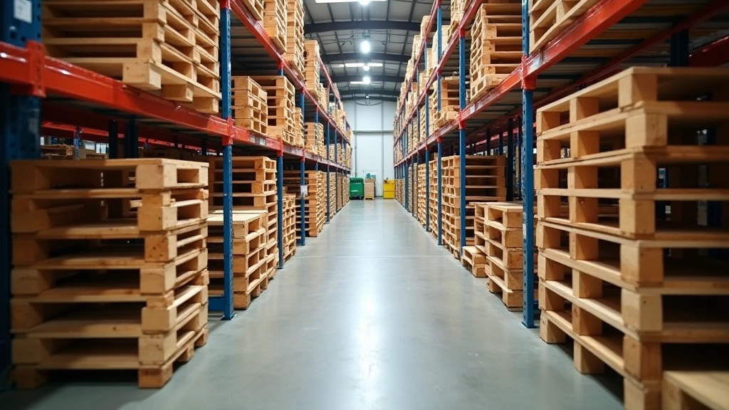 Multi-level racking system in warehouse showing efficient vertical storage with wooden pallets arranged in organized rows