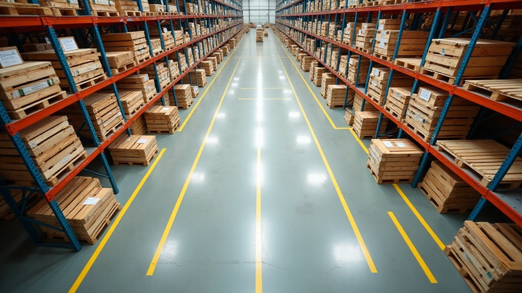Overhead view of warehouse floor showing organized grid layout with color-coded zones and marked pallet storage areas