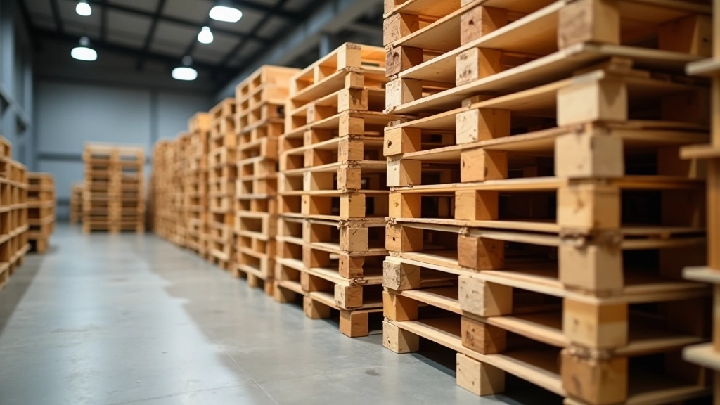 Wooden pallets stacked four levels high showing proper alignment and weight distribution techniques for vertical storage