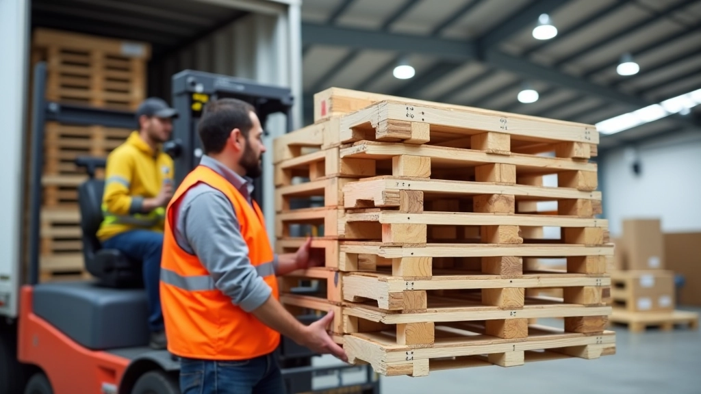 Delivery worker using forklift to carefully unload wooden pallet from truck at warehouse receiving area with proper safety procedures