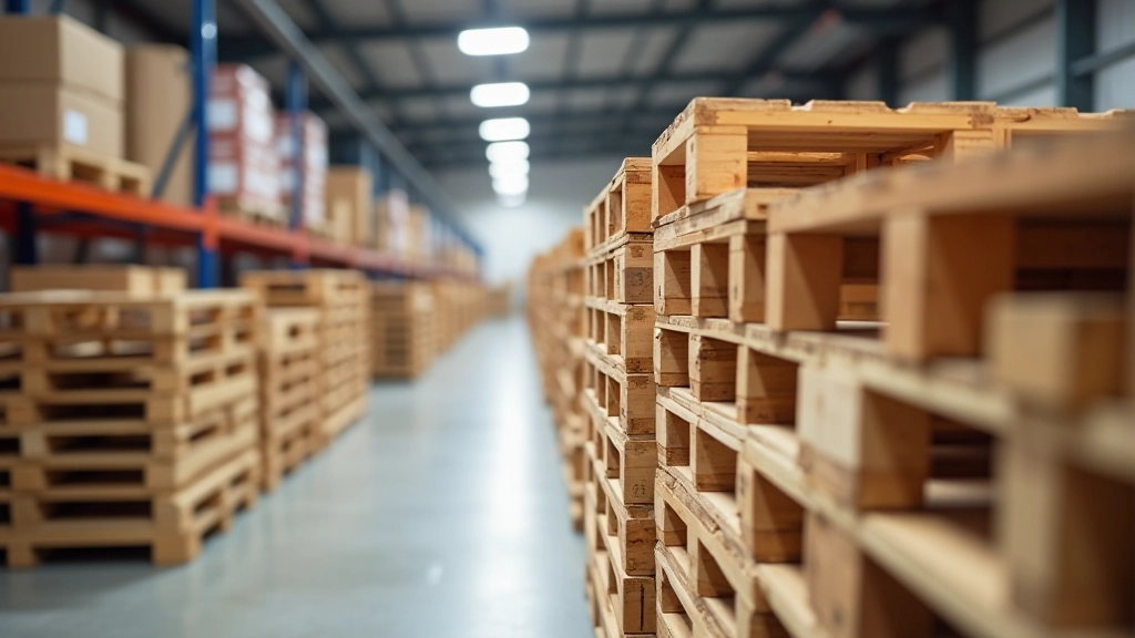 Wooden pallets stacked in a modern warehouse facility
