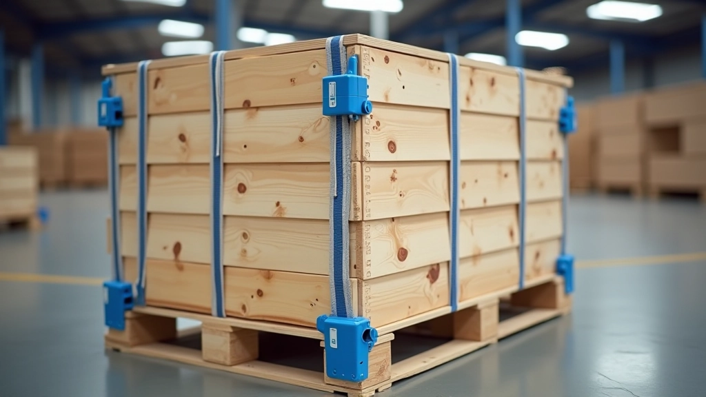 Close-up of properly secured pallet with diagonal polyester straps and corner protection on wooden crate