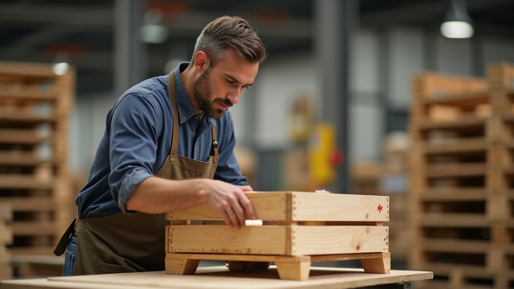 Worker assembling wooden crate components with proper fastening and joint techniques